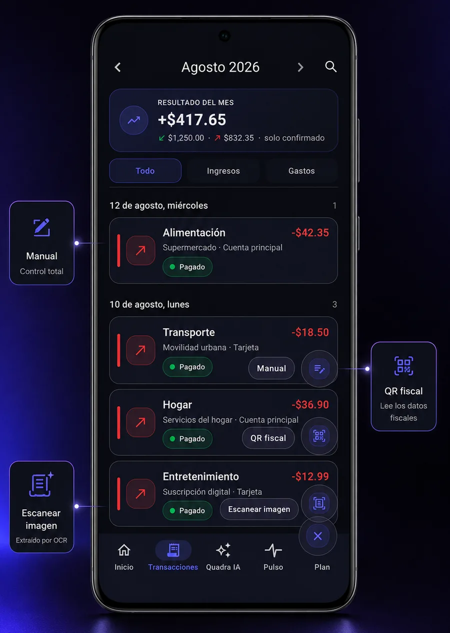 Pantalla de transacciones de Quadra mostrando movimientos registrados de forma manual, por QR fiscal y por escaneo de imagen